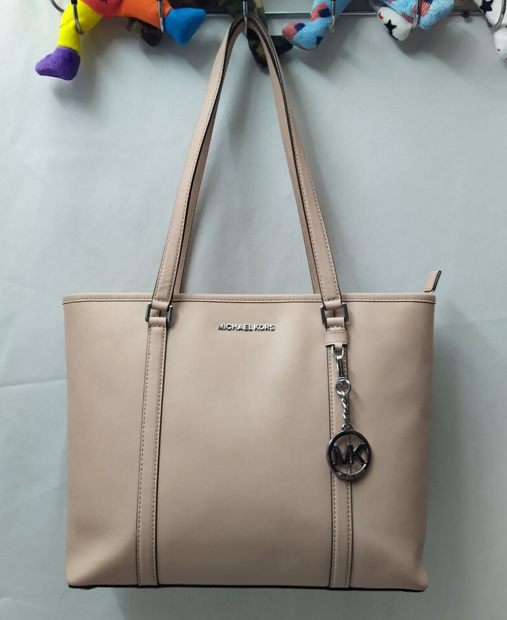 Michael Kors Light Pink Leather Double Handles Zipper Closure Tote Shoulder Bag